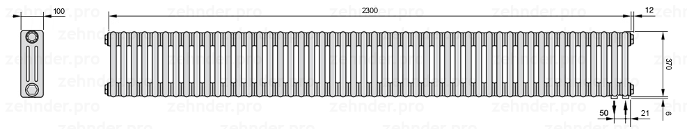Схема (чертеж) Радиатор Zehnder Charleston 3037/50 №5510 Белый глянцевый RAL 9016